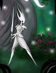 anthro armor arthropod bottomwear clothing dress dryya_(hollow_knight) female fighting_pose forest forest_background garden hi_res hollow_knight insect melee_weapon nail_(weapon) nature nature_background plant pose skirt slim solo team_cherry the_nameless_guy tree weapon white_armor white_body white_bottomwear white_clothing white_dress white_skirt
