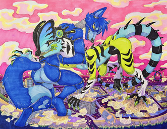 anthro chokehold city city_destruction cityscape destruction duo headlock long_tail machine macro male spade_tail sunset tail text wrestling dyloteryx dylo kotiyo animatronic canid canine dilophosaurid dilophosaurus dinosaur fox mammal prehistoric_species reptile robot saurischian scalie theropod absurd_res english_text hi_res trans_(lore) trans_man_(lore)