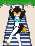 anthro beach beach_chair bikini bikini_thong blue_bikini blue_clothing blue_swimwear clothing eyewear eyewear_on_head female rock seaside solo sunglasses sunglasses_on_head swimwear two-piece_swimsuit beachfox skade_nsfw_(artist) skade skade_the_fox canid canine fox mammal hi_res