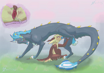 animal_genitalia anthro anthro_on_feral ball_fondling balls bestiality blonde_hair blue_hair bodily_fluids brown_body claws clitoris close-up duo ejaculation fellatio female female_anthro female_on_feral feral feral_on_top fondling fur genital_fluids genitals grey_body hair horn male male/female male_feral masturbation oral orgasm penile penis raised_leg red_eyes saliva scales servicing_from_below sex sheath side_view simple_background sitting spread_legs spreading tail vaginal vaginal_fluids vaginal_masturbation vaginal_squirting vulva yellow_eyes arcticos mythology arcticos_(character) dragon furred_dragon furred_kobold furred_scalie kobold mythological_creature mythological_scalie scalie absurd_res hi_res