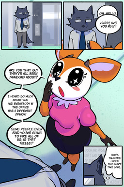 black_nose blush brown_body brown_fur clothed clothing detailed_background dialogue duo exclamation_point eyelashes female front_view fur grey_body grey_fur horn male open_mouth question_mark speech_bubble text thought_bubble white_body white_fur ghozt aggretsuko sanrio tsunoda_(aggretsuko) antelope bovid canid canine deer gazelle mammal thomson's_gazelle true_antelope absurd_res english_text hi_res