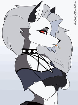 anthro blush breasts cigarette cigarette_in_mouth collar duo ear_piercing female holding_cigarette holding_object looking_pleasured notched_ear object_in_mouth petting piercing red_sclera sime simple_background smile smiling_at_viewer smoking spiked_collar spikes text white_background 1rainyday1 hellaverse helluva_boss mythology loona_(helluva_boss) canid canid_demon canine demon hellhound human mammal mythological_canine mythological_creature animated animated_gif artist_name long_playtime