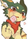 anthro beckoning blush condom condom_in_mouth fur gesture heart_symbol inviting kemono looking_at_viewer male mouth_hold object_in_mouth scarf sexual_barrier_device simple_background smile solo white_background shin. izuna_(shin.) canid canine mammal