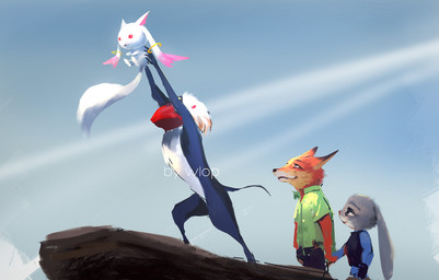 anthro cursed_image female fur grey_body grey_fur group hand_holding long_ears long_inner_ear_fluff male orange_body orange_fur romantic romantic_couple what wlop disney puella_magi puella_magi_madoka_magica the_lion_king zootopia judy_hopps kyubey nick_wilde rafiki canid canine fox haplorhine incubator_(puella_magi) lagomorph leporid mammal mandrill monkey old_world_monkey primate rabbit red_fox true_fox crossover