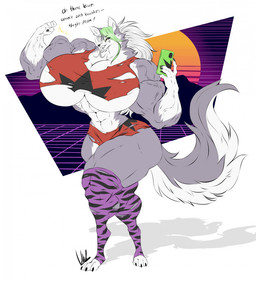 abs anthro big_breasts breasts cellphone clothing crop_top dialogue electronics female flexing flexing_bicep fur green_highlights grey_body grey_fur hair half-closed_eyes highlights_(coloring) huge_breasts legwear multicolored_body multicolored_fur muscle_tone muscular muscular_anthro muscular_female narrowed_eyes phone selfie shirt smartphone smile smirk smug smug_face smug_grin solo stockings synthwave text topwear torn_clothing torn_legwear torn_shirt torn_stockings torn_topwear two_tone_body two_tone_fur vascular white_body white_fur white_hair dullvivid five_nights_at_freddy's five_nights_at_freddy's:_security_breach scottgames steel_wool_studios roxanne_wolf canid canine canis mammal wolf english_text hi_res