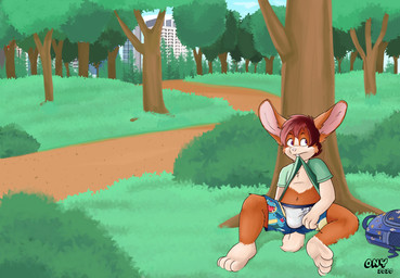 4_toes anthro backpack bottomwear briefs bulge clothed clothing clothing_lift detailed_background feet male mouth_hold navel outside plant shirt shirt_lift shorts solo toes topwear tree underwear young young_anthro young_male onykr nintendo pokemon lagomorph leporid mammal rabbit 2020 hi_res