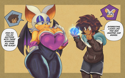 anthro big_breasts black_bodysuit black_clothing black_skinsuit blue_eyes blue_eyeshadow body_swap bodysuit bottomwear breasts brown_hair chaos_emerald clothing dark_body dark_skin dominant eyelashes eyeshadow female female_anthro fur gem glistening glistening_body glistening_breasts glistening_skin hair holding_gem holding_object larger_anthro larger_dom makeup male male_human shorts size_difference skinsuit smaller_human smaller_male standing sweater tan_body tan_fur text tight_clothing topwear wide_hips lueduar sega sonic_the_hedgehog_(series) axel_(poke789) rouge_the_bat bat human mammal absurd_res english_text hi_res