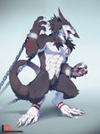 2024 anthro chain chained_cuffs claws collar crouching cuff_(restraint) digitigrade hi_res looking_at_viewer male muscular open_mouth patto restraints sergal sharp_teeth solo teeth tongue tongue_out