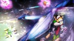 anthro arwing battle canid canine clothing explosion fight fox fox_mccloud gloves green_eyes grin handwear hi_res jacket katamichi laser male mammal nintendo scouter smile solo space star star_fox topwear