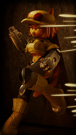anthro belly boots breasts brown_body brown_fur brown_hair bullet clothed clothing crop_top croptop_jacket cybernetic_arm cybernetic_limb cybernetics eyewear female fist footwear fur goggles gun gun_arm hair hat headgear headwear leaning leaning_backward leaning_on_wall machine military military_cap military_uniform narrowed_eyes navel open_mouth ranged_weapon red_eyes shirt shoes solo tail topwear tracers uniform weapon weapon_arm whiskers 3dadventurous_(modeler) leafytheleafer gameoverse glitch_productions kit_bodega cyborg domestic_cat felid feline felis mammal 2026 3d_(artwork) absurd_res digital_media_(artwork) hi_res