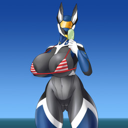 anthro areola big_breasts bikini bikini_top blue_body blue_skin breasts clothing curvy_figure female genitals grey_areola grey_body grey_skin huge_breasts licking_popsicle machine outside simple_background solo swimwear thick_thighs two-piece_swimsuit voluptuous_female vulva white_body white_skin wide_hips yellow_eyes xeddo cognizant_blue android robot 1:1 hi_res