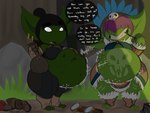after_vore belly big_belly breasts clothing female female_pred footwear forest green_body green_skin group outside overweight plant shoes simple_background text tree vore dongwongtang goblin 2017