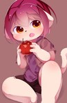 4_fingers anthro apple black_bottomwear black_clothing black_shorts bottomwear brown_clothing brown_shirt brown_topwear clothing fingers food fruit fur glistening glistening_eyes glistening_face glistening_hair hair holding_apple holding_food holding_fruit holding_object kemono knee_blush knee_up looking_aside male on_ground open_mouth plant pupils purple_clothing purple_shirt purple_topwear raised_arm raised_tail red_background red_hair round_pupils shirt shorts simple_background sitting solo tail tan_arms tan_body tan_ears tan_face tan_fingers tan_fur tan_legs tan_tail tan_toes three-quarter_view topwear translucent translucent_hair young young_anthro aoino stella_(aoino) domestic_cat felid feline felis mammal 2018 full-length_portrait hi_res portrait