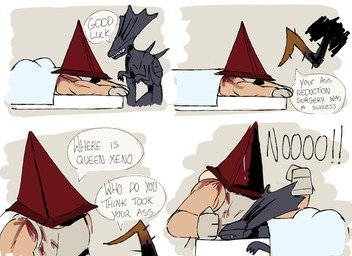 2_fingers ambiguous_gender apron arms_bent asking asking_another big_butt black_body black_skin blood blood_on_apron blood_on_clothing bodily_fluids butt clothed clothed_human clothed_male clothing exclamation_point eyeless female fingers fist group handwear humor looking_at_another lying male male_humanoid on_front profanity queen red_helmet royalty sharp_teeth standing straight_arms surgical_operation talking_to_another tan_apron tan_body tan_clothing tan_gloves tan_handwear tan_skin teeth text trio upset white_blanket yelling valkenite alien_(franchise) dead_by_daylight konami silent_hill who_do_you_think_took_your_boobs pyramid_head the_entity_(dead_by_daylight) alien celestial_being human humanoid mammal xenomorph xenomorph_queen 2026 colored comic crossover digital_drawing_(artwork) digital_media_(artwork) english_text hi_res shaded