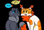ambiguous_gender blue_eyes cute_fangs dialogue duo eye_contact fangs feral fur grey_body grey_fur lesbian_pride_colors lgbt_pride looking_at_another open_mouth orange_body orange_fur orange_lesbian_pride_colors pansexual_pride_colors pride_colors simple_background stated_homosexuality stated_sexuality tail teeth text transparent_background white_body white_fur yellow_eyes stormyfights warriors_(book_series) domestic_cat felid feline felis mammal alpha_channel english_text hi_res