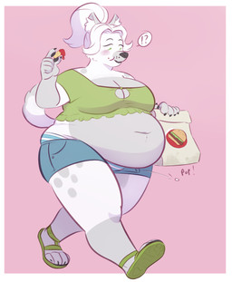 anthro belly big_belly blush bottomwear burger button_(fastener) button_pop claws clothed clothing deep_navel eating female flip_flops food footwear fries fur grey_body grey_fur hair interrobang leg_markings markings midriff navel obese obese_anthro obese_female overweight overweight_anthro overweight_female ponytail sandals shoes shorts simple_background socks_(marking) solo standing straining_buttons thick_thighs toe_claws underwear walking wardrobe_malfunction white_body white_fur wide_hips mochi-squish canid canine mammal absurd_res digital_media_(artwork) full-length_portrait hi_res portrait