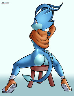 anthro anus blue_body bottomless butt butt_focus chair clothed clothing female female_anthro furniture genitals gradient_background looking_at_viewer looking_back multicolored_body nude nude_female on_chair partially_clothed presenting presenting_hindquarters simple_background sitting sitting_on_stool solo stool two_tone_body vulva fourssss skitter_the_gecko gecko lizard reptile scalie 2026 digital_drawing_(artwork) digital_media_(artwork) hi_res