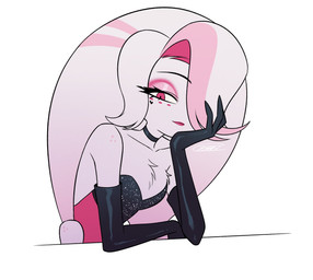 cartoon_freckles chest_tuft clothed clothing crossdressing drag_queen dress eyelashes eyeshadow freckled_shoulders freckles glistening_eyelids long_eyelashes makeup male pink_clothing pink_dress simple_background solo tuft white_background wig enaic31 hazbin_hotel hellaverse angel_dust arachnid arthropod demon humanoid spider hi_res