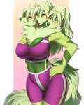 2022 3_heads 4:5 5_fingers amur anthro athletic_wear big_breasts bottomwear bra breasts canid canine canis clothed clothing digital_media_(artwork) domestic_dog eyebrows eyelashes female fingers fur green_body green_eyes green_fur green_hair gym_bottomwear gym_shorts hair hi_res long_hair mammal multi_head shorts smile solo sports_bra tensai tongue tongue_out underwear