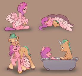 bath bedding blanket blush brown_background bubble cuddling duo eyebrows female feral green_hair hair happy hooves larger_male looking_at_another looking_down looking_up male pink_body purple_hair simple_background sitting size_difference smaller_female tan_body using_wings wing_hug wings itssim hasbro mlp_g5 my_little_pony mythology hitch_trailblazer_(mlp) pipp_petals_(mlp) earth_pony equid equine horse mammal mythological_creature mythological_equine pegasus pony