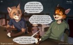 2018 alcohol anthro bar beer beverage blonde_hair blue_clothing blue_eyes blue_shirt blue_topwear bottle brown_hair canid canine clothed clothing comic comic_sans container detailed_background dialogue digital_media_(artwork) domestic_cat duo english_text eugen_(iskra) eyes_closed felid feline felis fox fur glass green_clothing green_sweatshirt hair half-closed_eyes hoodie humor iskra male mammal martzel multicolored_body multicolored_fur narrowed_eyes number orange_body orange_fur page_number profanity shaded shirt smile sweatshirt t-shirt teeth text topwear two_tone_body two_tone_fur url white_body white_fur