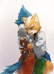 anthro black_nose brown_body brown_fur clothing duo fingerless_gloves fur gloves green_eyes handwear hug jacket male male/male scarf topwear white_body white_fur s_mino930 nintendo star_fox falco_lombardi fox_mccloud avian bird canid canine fox mammal 2017 hi_res