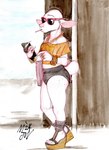 5_fingers 5_toes anthro bag beach big_ears bite_mark black_bottomwear black_clothing bottomwear bracelet clothing eyewear feet female fingernails fingers fur green_phone hotpants jewelry nails pink_bag red_eyewear red_sunglasses ring sand scut_tail short_tail shorts simple_background solo sunglasses tail toes topwear wedge_(footwear) wedge_sandals white_body white_fur yellow_clothing yellow_topwear mjw_darkmode popsocket kiva_(mjw_darkmode) bovid canid canine caprine hybrid mammal sheep 2024 absurd_res colored hi_res signature traditional_media_(artwork)
