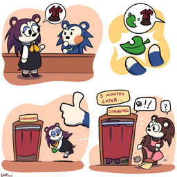 anthro apron breasts broom cleaning_tool cleavage clothed clothing dress female fitting_room group leaf speech_bubble trio theenfman animal_crossing nintendo label_able mabel_able sable_able eulipotyphlan hedgehog mammal 1:1 hi_res