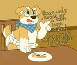 anthro biped clean_diaper cloth_diaper clothed clothing detailed_background dialogue diaper floor food fur kerchief male neckerchief neckwear open_mouth pantsless pizza shirtless slightly_chubby solo standing text wearing_diaper white_diaper wood wood_floor shadyadi canid canine canis domestic_dog mammal 2021 english_text hi_res