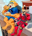 anthro armor barefoot beard beverage big_pecs burger city claws clothed clothing costume detailed_background duo ear_piercing eating facial_hair fangs fast_food feet fluffy food fully_clothed fur inner_ear_fluff looking_at_another male mask muscular muscular_male one_eye_closed open_mouth orange_body orange_fur outside paws pecs piercing rooftop sabertooth_(anatomy) sitting size_difference spandex stripes superhero tail teeth tight_clothing tuft white_body white_fur yellow_body yellow_fur cat_n1p catn1p super-nova nick_saunders_(templar) vince_(super-nova) felid mammal pantherine procyonid raccoon tiger 2023 absurd_res colored digital_media_(artwork) hi_res