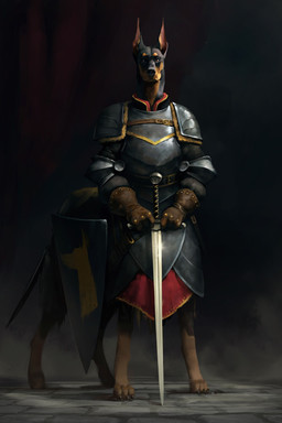 4_fingers armor clothed clothing fingers gauntlets gloves handwear holding_melee_weapon holding_object holding_sword holding_weapon looking_at_viewer male medieval melee_weapon shield simple_background solo standing sword weapon nikita_orlov canid canid_taur canine canine_taur canis dobermann domestic_dog mammal mammal_taur pinscher taur 2:3 absurd_res digital_media_(artwork) hi_res
