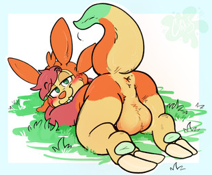2_toes anus balls big_balls blush buckteeth butt cheek_tuft claws dipstick_tail eyebrow_through_hair eyebrows eyelashes facial_tuft feet fur genitals grass green_eyes green_pawpads hair huge_balls looking_at_viewer looking_back looking_back_at_viewer lying male markings on_front orange_body orange_fur orange_nose pawpads perineum plant presenting presenting_hindquarters red_body red_fur red_hair soles solo tail tail_markings tan_body tan_fur teeth text toe_claws toes translucent translucent_hair tuft cirkus nintendo pokemon cloverleaf_tarragon chespin generation_6_pokemon pokemon_(species) artist_name hi_res watermark
