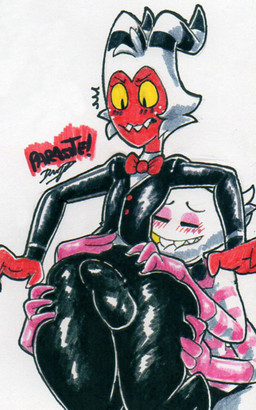 2_horns 4_arms big_butt bite biting_lip biting_own_lip black_clothing black_topwear blush bottomless bow_tie bulge butt butt_grab clothed clothing detailed_bulge duo eyelashes eyes_closed fangs hair hand_on_butt horn leg_grab looking_down male male/male multi_arm multi_limb narrowed_eyes pupils self_bite simple_background squish standing teeth thigh_grab thigh_squish topwear white_background white_hair parasitedeath hazbin_hotel hellaverse helluva_boss angel_dust moxxie_(helluva_boss) animal_humanoid arachnid arachnid_humanoid arthropod arthropod_humanoid demon humanoid imp spider spider_humanoid 2020 5:8 monochrome signature traditional_media_(artwork)