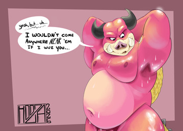 anthro armpit_fetish belly bodily_fluids bubble dialogue hands_behind_head horn male musclegut muscular muscular_male navel nipples nude overweight pink_body slightly_chubby solo sweat sweatdrop text kooza bowser's_inside_story mario_and_luigi_(series) mario_bros nintendo midbus mammal suine english_text hi_res