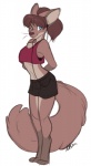 anthro blue_eyes bottomwear clothing digitigrade earbuds electronics fluffy fluffy_tail hair headphones looking_at_viewer midriff shirt shorts simple_background solo tail tank_top topwear white_background strawberryneko canid canine fox mammal digital_media_(artwork)