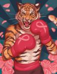 awareness_ribbon boxing_gloves breast_cancer_awareness breast_cancer_awareness_ribbon cancer_(disease) cancer_awareness clothing fangs flower handwear looking_at_viewer male open_mouth pink_nose pink_ribbon plant solo stripes teeth tongue whiskers kaitycuddle felid mammal pantherine tiger digital_media_(artwork) shaded