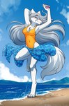 anthro beach blush clothing dancing female fur hair long_hair one-piece_swimsuit pawpads pink_nose pink_pawpads sarong solo swimwear text water white_body white_fur white_hair conditional_dnp tom_fischbach twokinds raine_silverlock canid canine canis keidran mammal wolf absurd_res adobe_photoshop_(artwork) digital_media_(artwork) hi_res url