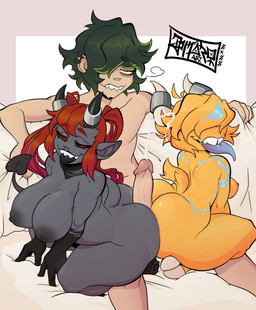 big_breasts big_butt black_sclera blonde_hair breasts butt collaborative collaborative_hot_dogging collaborative_sex ear_piercing ejaculation female green_eyes green_hair grey_body grey_skin group hair hooves horn hot_dogging humanoid_pointy_ears male male/female markings mole_(marking) nipples piercing pointy_ears red_eyes red_hair sex sharp_teeth shortstack simple_background spade_tail tail teeth thick_thighs trio wide_hips yellow_body yellow_sclera jomaro_(artist) dking_(jomaro) hornie_(jomaro) demon human humanoid imp mammal succubus absurd_res hi_res