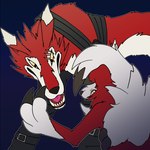 angry anthro claws duo fangs feral fur leather quadruped red_body red_fur scar teeth wsdigi bandai_namco digimon nintendo pokemon canid canine canis digimon_(species) fangmon generation_7_pokemon lycanroc mammal midnight_lycanroc pokemon_(species) wolf 1:1 hi_res