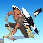 anthro beak black_sclera clothed clothing feathers gradient_background male melee_weapon membrane_(anatomy) membranous_wings scuted_arms scutes simple_background solo sword weapon wings foxenawolf mythology avian bird bucerotiform gryphon hoopoe mythological_avian mythological_creature 1:1