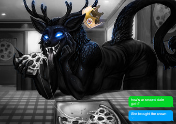 anthro antlers bent_over big_breasts bioluminescence black_body black_fur breasts burger_king_crown cheese_string claws clothed clothing crown date emoticon female female_anthro food fur furniture glowing glowing_eyes glowing_teeth headgear horn long_tail pizza pizzeria pointy_ears poster sharp_teeth simple_background sitting smile smiling_at_viewer solo table tail teeth text texting tongue tongue_out vitaly_s_alexius american_mythology burger_king indigenous_north_american_mythology mythology north_american_mythology stupid_sexy_cryptids starshade cryptid omnid wendigo digital_media_(artwork) english_text hi_res