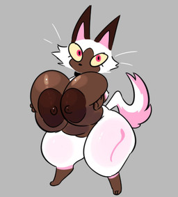 anthro big_breasts breasts brown_body brown_fur female fur fur_markings glistening glistening_breasts grey_background holding_breast huge_breasts hyper hyper_breasts looking_at_viewer markings nipples nude pointy_ears red_eyes simple_background solo thick_thighs whiskers white_body white_fur wide_hips yellow_sclera foamytail nyyakikki capcom monster_hunter felid felyne lynian mammal palico 2025 sketch