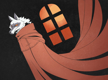 alternative_fashion anthro black_background cheek_tuft cloak clothing facial_markings facial_tuft flowing_clothing fluffy frown full_moon fur fuzzy head_markings looking_at_viewer male markings mask_(marking) moon neck_tuft no_pupils pointy_ears prick_ears red_cloak red_clothing red_eyes red_robe red_sky robe simple_background sky solo stylized tuft white_body white_fur window reagan700 dreamworks puss_in_boots_(franchise) death_(puss_in_boots) canid canine canis mammal wolf 2026 hi_res