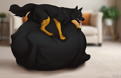 ambiguous_feral ambiguous_gender belly big_belly black_body black_fur blurred_background feral fur glistening glistening_eyes huge_belly hyper hyper_belly inside leg_markings lying markings on_front open_mouth orange_body orange_fur pink_tongue side_view socks_(marking) solo tongue tongue_out vore yellow_eyes roobin bosco_(zuel) canid canine mammal hi_res