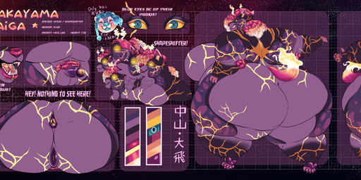 anthro anus big_butt big_nose black_anus black_body black_fur black_nipples blue_eyes butt cracks crossgender facial_piercing female fire fissure flaming_hair flaming_tail fur genitals glowing glowing_eyes grey_body grey_fur hair japanese lip_piercing lips male nipple_chain nipple_piercing nipples nude obese obese_anthro obese_female obese_male overweight overweight_anthro overweight_female overweight_male penis piercing pseudo_hair pubes purple_body purple_fur red_hair red_lips red_nose small_penis solo tail text thick_lips thick_thighs tongue transformation wide_hips yellow_sclera lionberrymochi taiga_nakayama avian bird canid canine canis hyena lagomorph leporid mammal rabbit reptile scalie snake wolf absurd_res hi_res japanese_text model_sheet genderfluid_(lore)