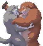 anthro duo electroshock_weapon eyes_closed hug kemono male open_mouth overweight simple_background smile tail taser tickling tusks weapon white_background 82ma47u gadoran canid canine canis mammal suid suine sus_(pig) wild_boar wolf