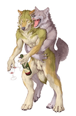 4_toes 5_fingers alcohol anatomically_correct animal_genitalia anthro attached_sheath balls beverage claws container cup drinking_glass duo fangs feet fingers fully_sheathed fur genitals glass glass_container glass_cup grey_body grey_fur holding_container holding_cup holding_object hug hugging_another hugging_from_behind male male/male nude open_mouth orange_eyes pecs penis sheath simple_background teeth toes tongue wine wine_bottle wine_glass yellow_eyes sekki canid canine canis mammal wolf 2015 hi_res