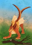 feral male orange_body playful raised_tail scales solo stick tail tail_motion tailwag tongue tongue_out wings philfox mythology rehbeinel_(liquidfay) dragon mythological_creature mythological_scalie scalie hi_res