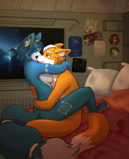 3_toes accessory anthro bed blue_hair boyfriend/girlfriend breast_squish breasts burrito butt canon_couple cheek_tuft cuddling detailed_background duo eye_contact facial_tuft feet female fluffy fluffy_tail food fur fur_markings furniture hair half-closed_eyes headband hug hugging_another looking_at_another male male/female markings multicolored_body multicolored_fur narrowed_eyes nude on_bed on_lap pictures relaxed_expression relaxing romantic romantic_ambiance romantic_couple sitting_on_lap smile space spacecraft squish tail toes tuft vehicle white_body white_fur window mesmeristmina nintendo star_fox fox_mccloud krystal_(star_fox) canid canine fox mammal digital_drawing_(artwork) digital_media_(artwork) hi_res meme shaded soft_shading