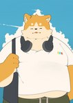 anthro clothing electronics eyes_closed headphones headphones_around_neck humanoid_hands kemono male overweight overweight_male shirt solo tongue tongue_out topwear haoming canid canine canis domestic_dog mammal 2023 hi_res